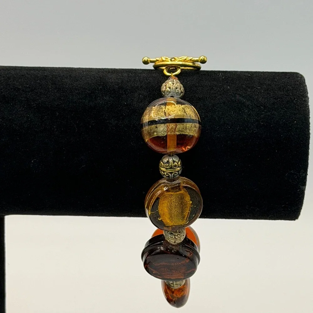Murano Style Amber Gold Foil Art Glass Bead Bracelet Toggle Clasp Boho Statement